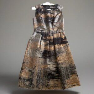Lela Rose Knee Length Cocktail Dress Size 8 Silver Bronze Black Gold Metallic S